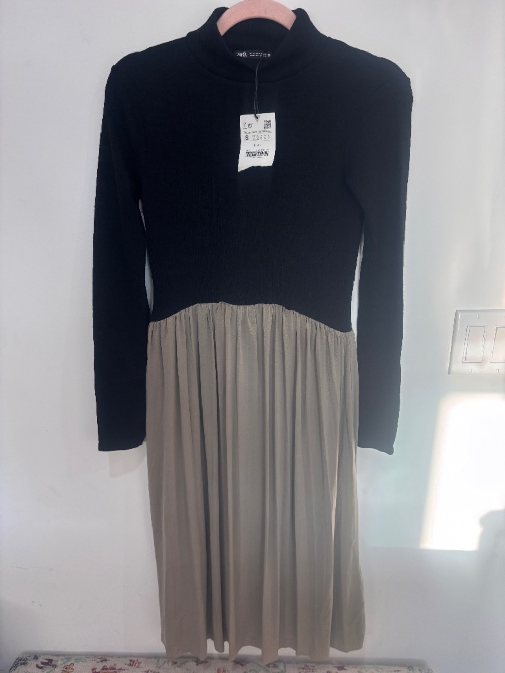 Zara NWT Knit Combination Midi Dress Black Taupe Pleated Mock Neck S